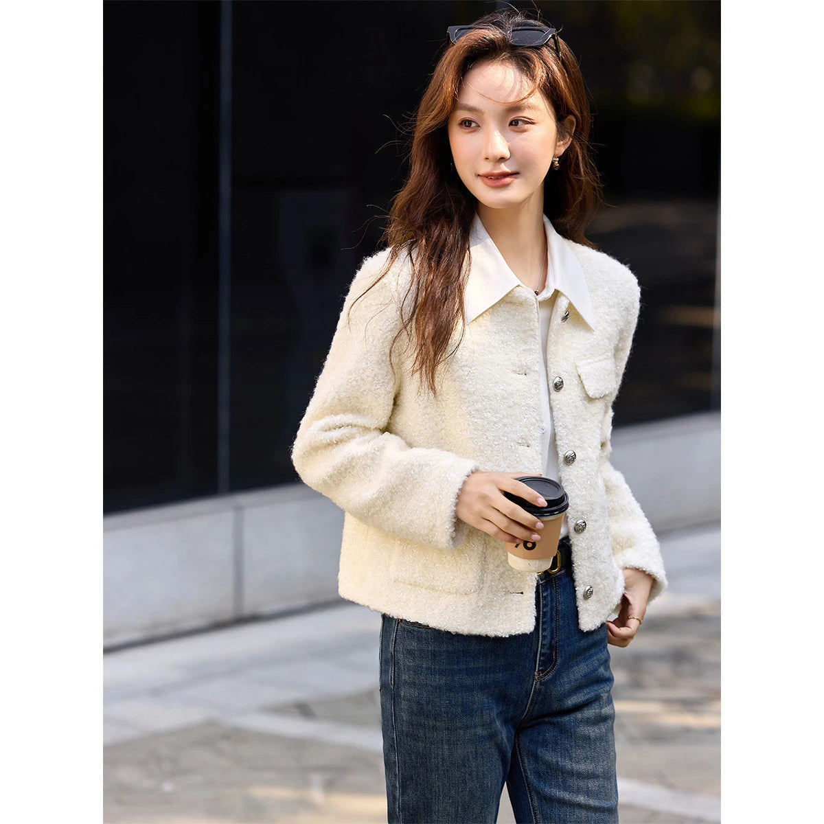 Textured Pocket-Front Collarless Jacket