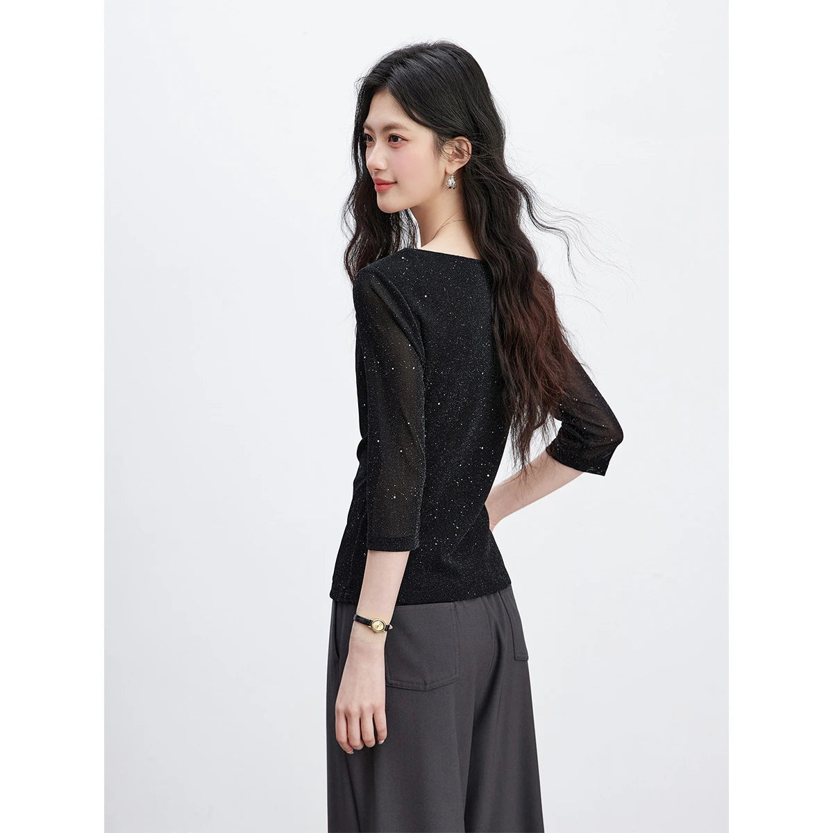 Shimmer Cowl-Neck Short-Sleeve Top