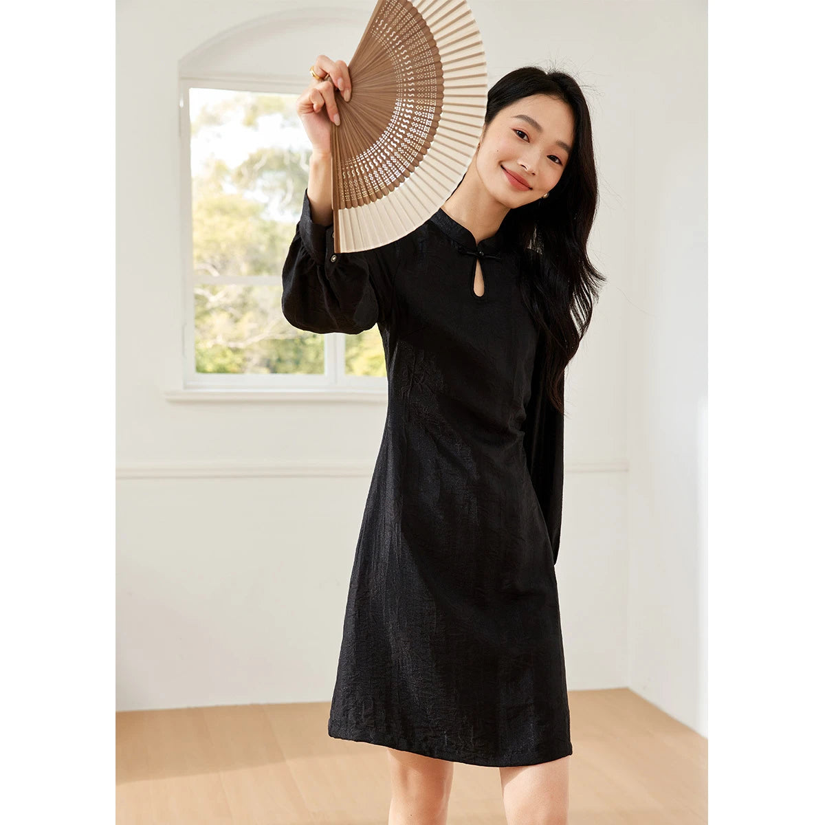 Jacquard Lantern-Sleeve Midi Dress