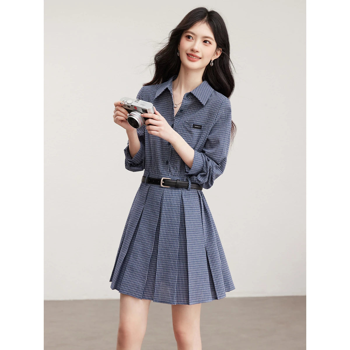 Belted Plaid Pleated Mini Dress