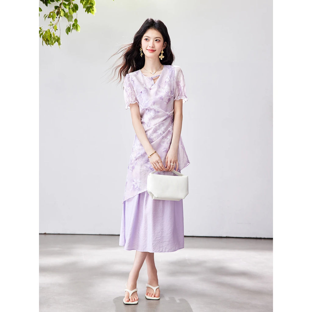 Asymmetric Floral Layered Midi Dress