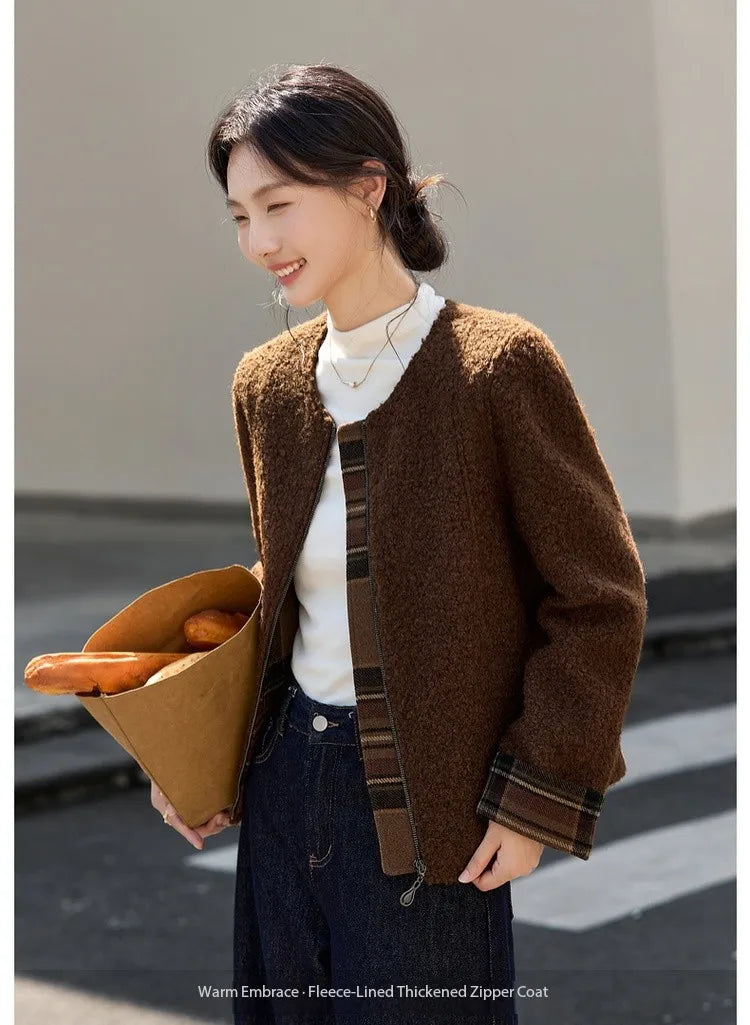 Plaid-Cuff Zip-Front Collarless Jacket