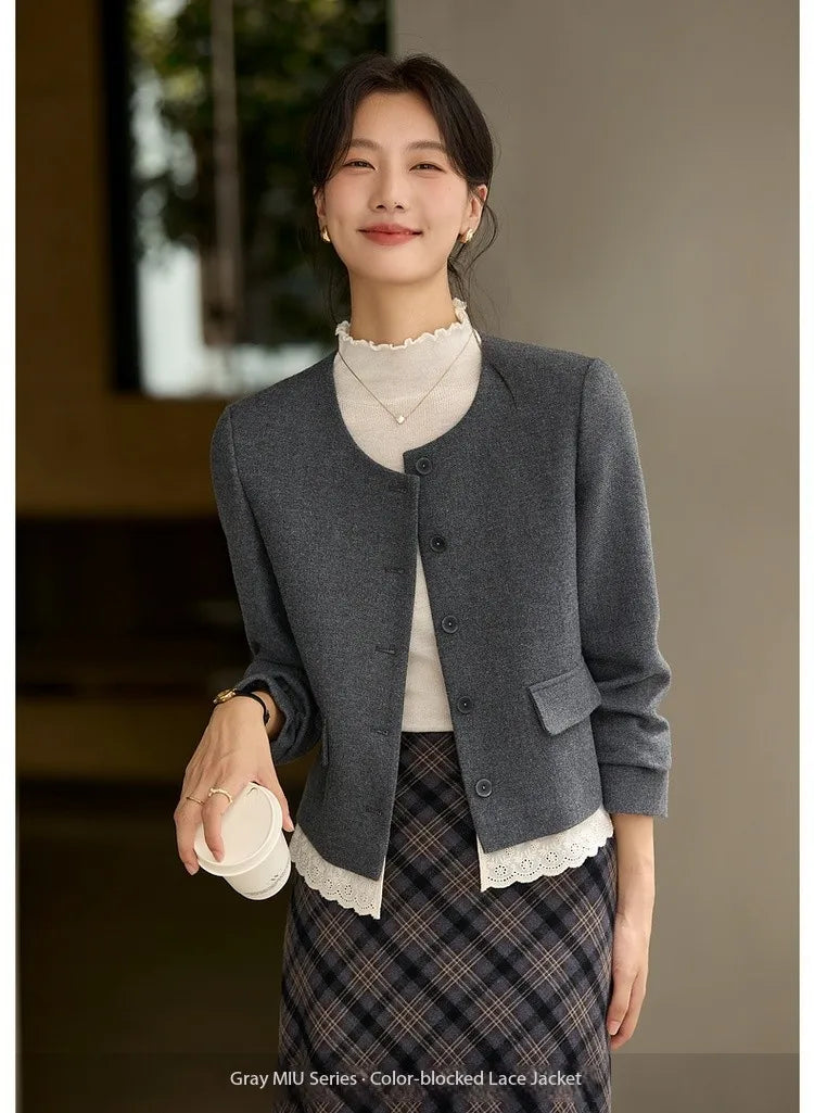 Lace-Hem Collarless Cropped Jacket