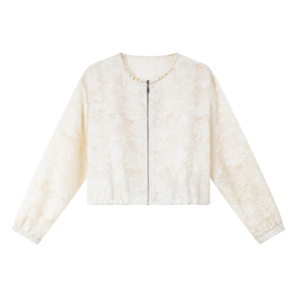 Jacquard Zip-Front Cropped Jacket