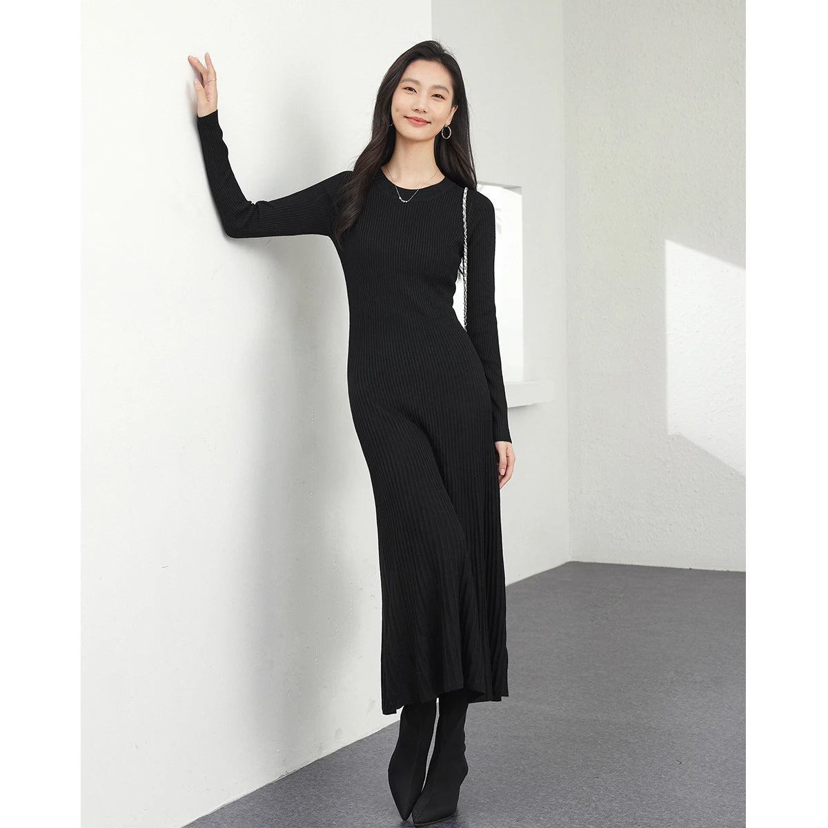 Ribbed Crew-Neck Knit Midi Dress