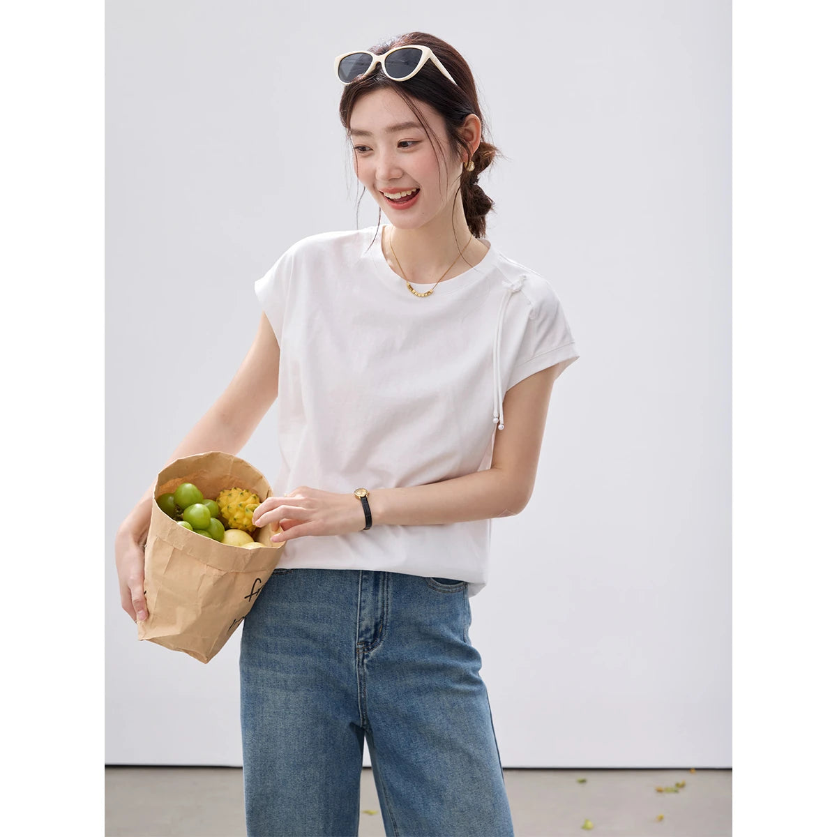 Asymmetric Frog-Button Cap-Sleeve Tee
