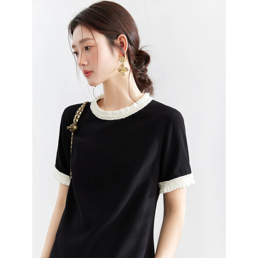 Contrast-Trim Short-Sleeve Mini Dress