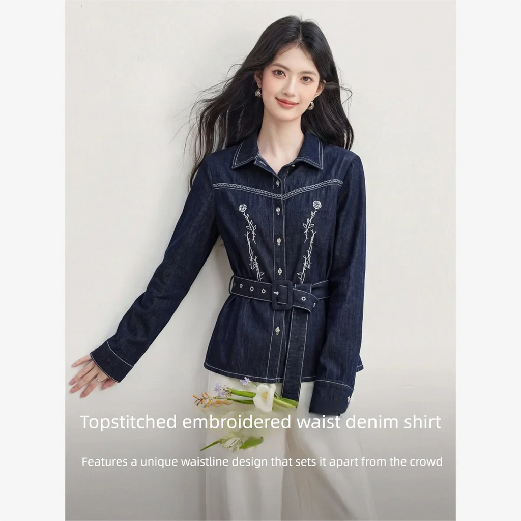 Embroidered Belted Denim Shirt Jacket