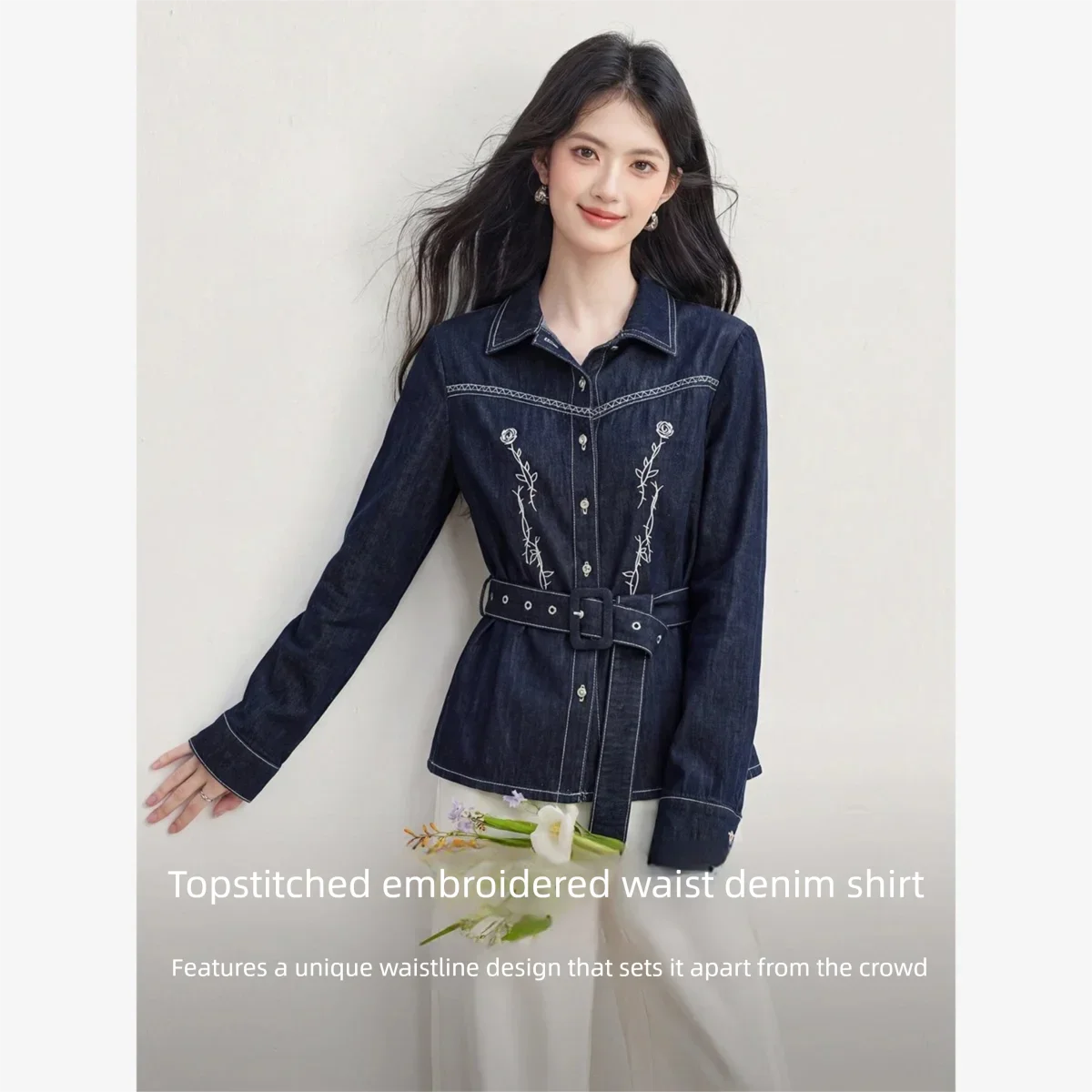 Embroidered Belted Denim Shirt Jacket