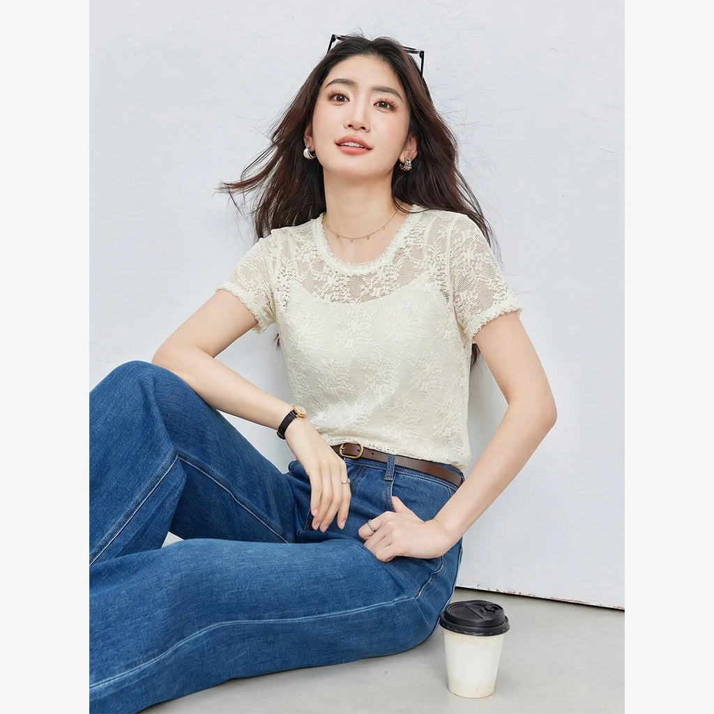 Lace Crew-Neck Short-Sleeve Top
