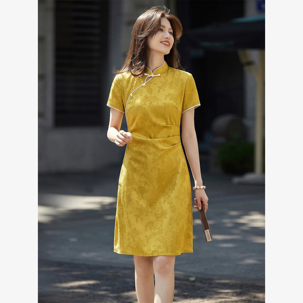 Jacquard Mandarin-Collar Mini Dress