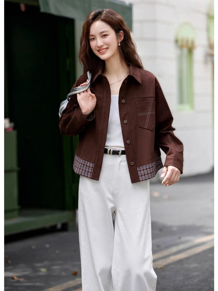 Plaid-Trim Cropped Shirt Jacket