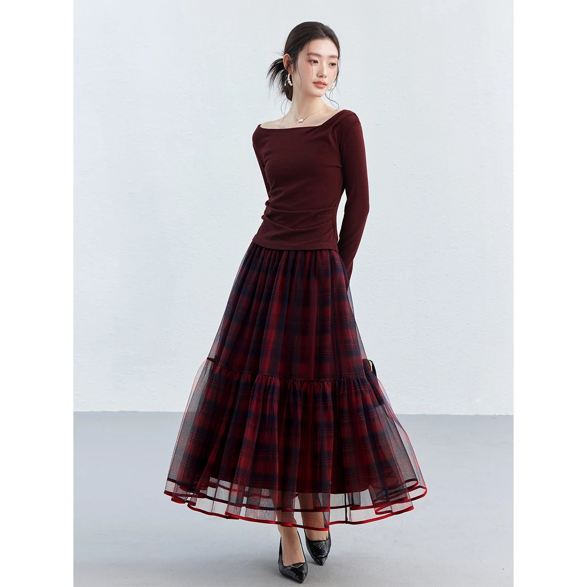 Red Plaid Mesh Tiered Midi Skirt