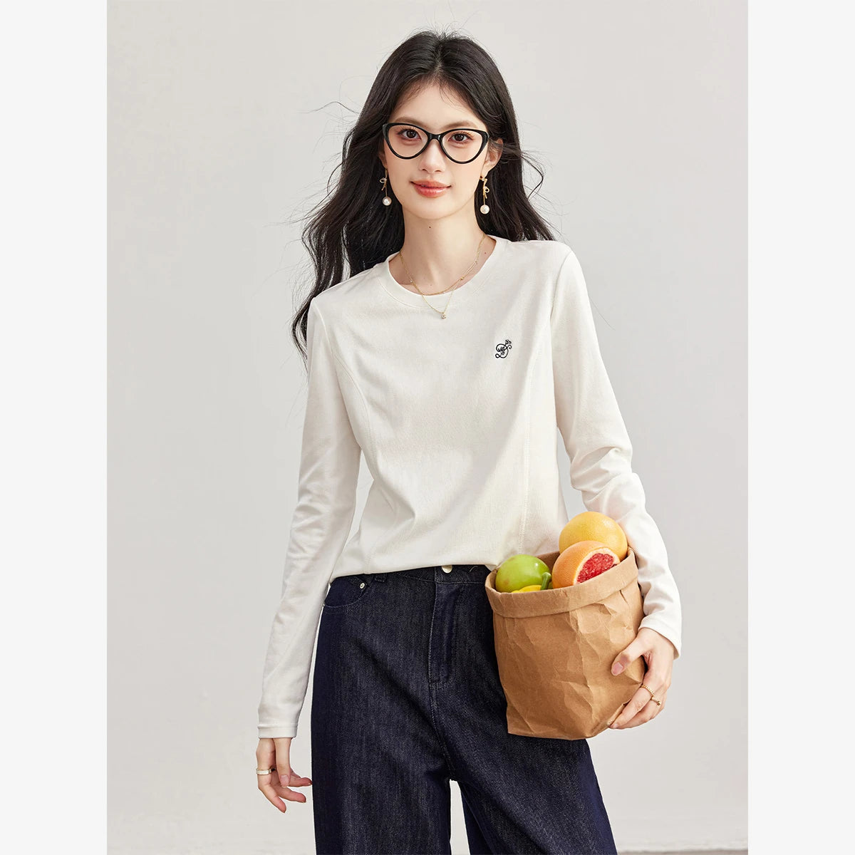 Embroidered Crew-Neck Long-Sleeve Tee