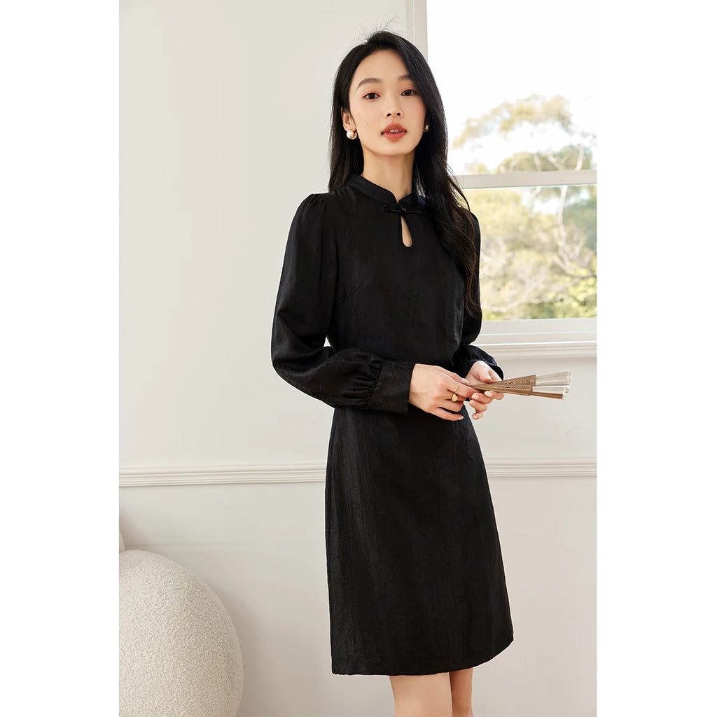 Jacquard Lantern-Sleeve Midi Dress