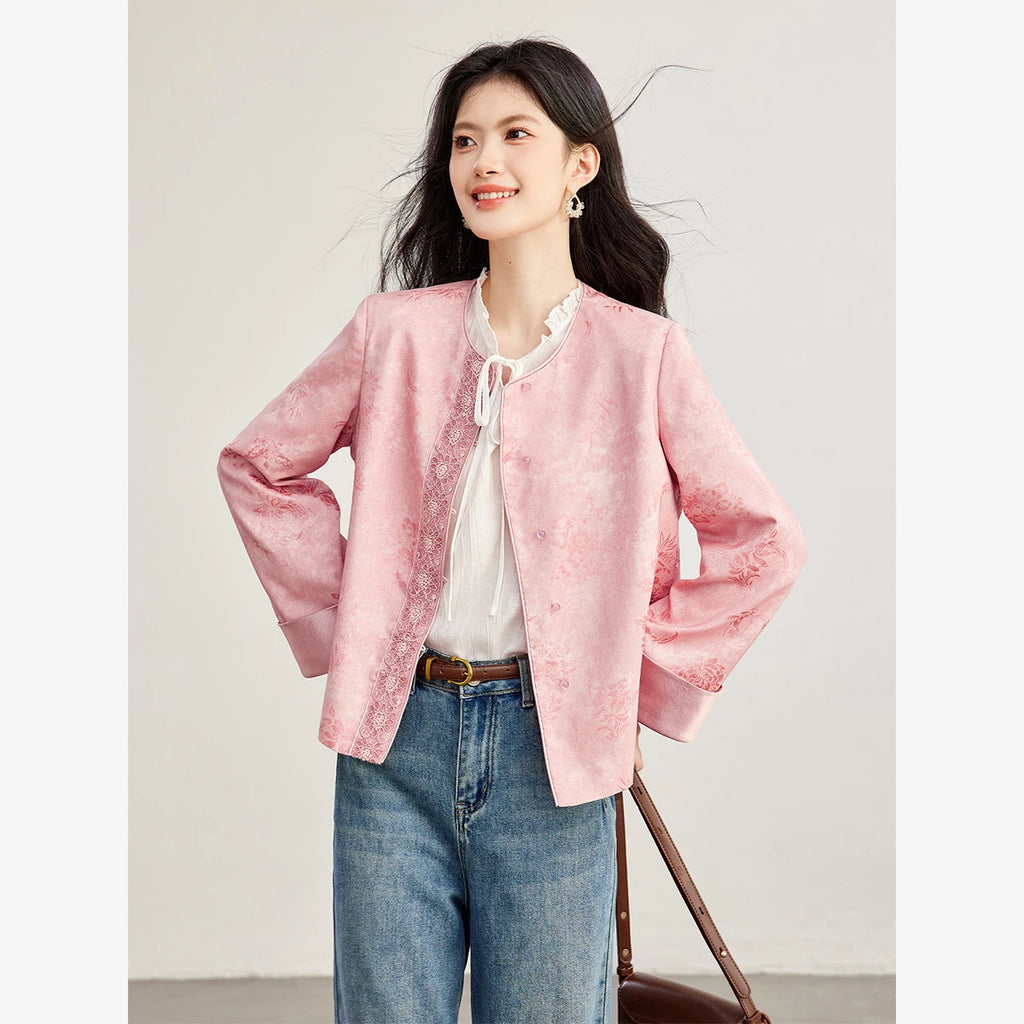 Jacquard-Trim Collarless Jacket