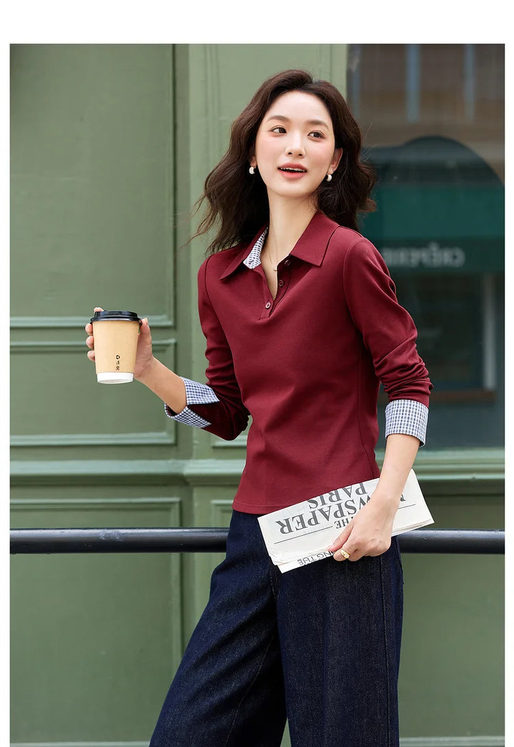 Contrast-Cuff Collared Long-Sleeve Top