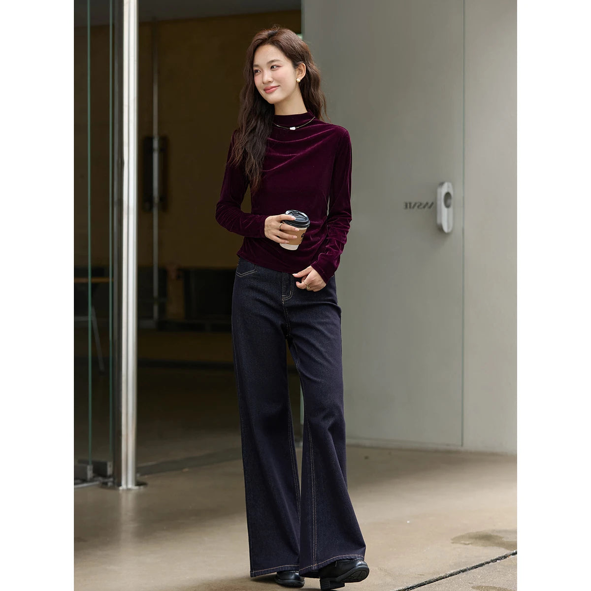 Velvet Ruched Mock-Neck Long-Sleeve Top