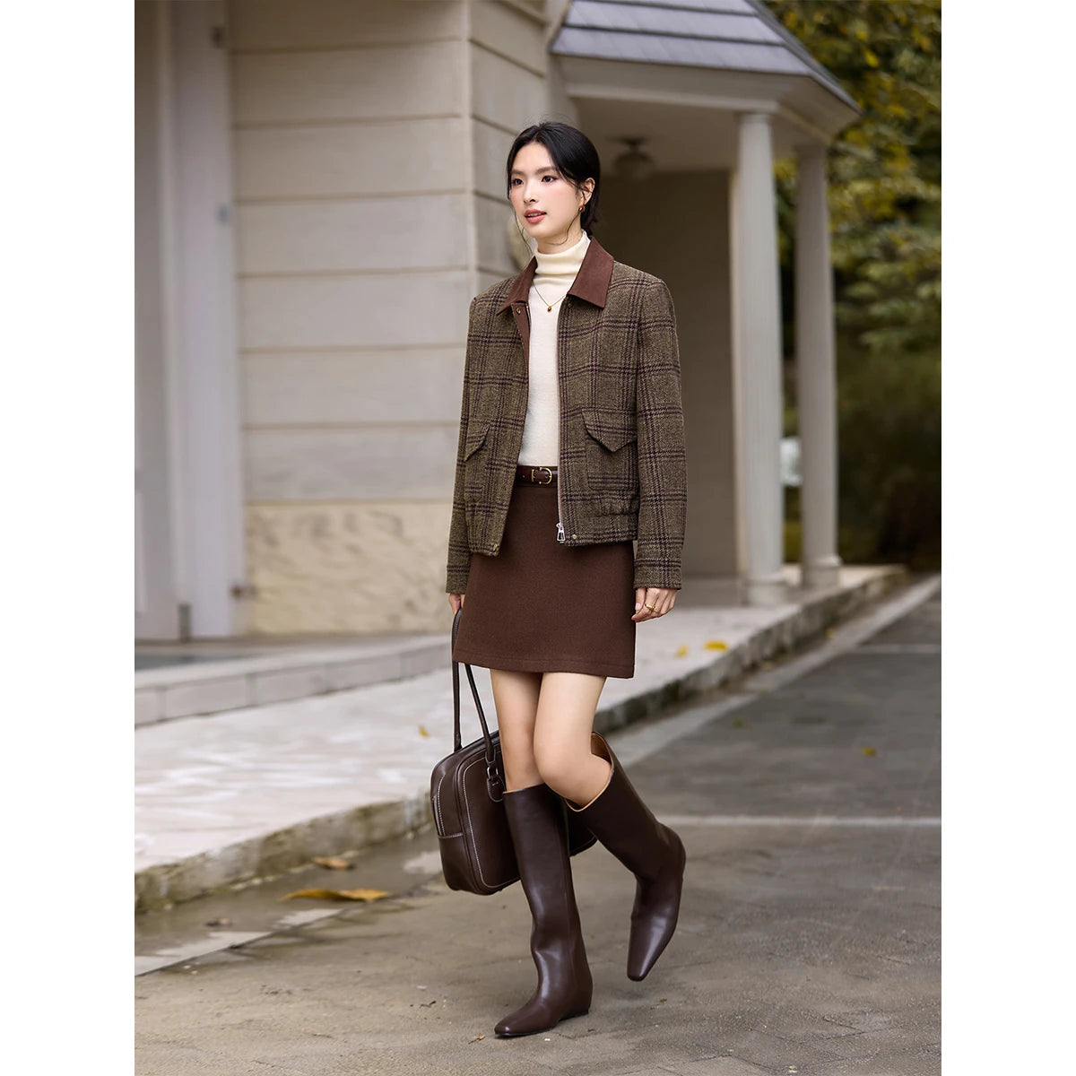 Plaid Contrast-Collar Cropped Jacket