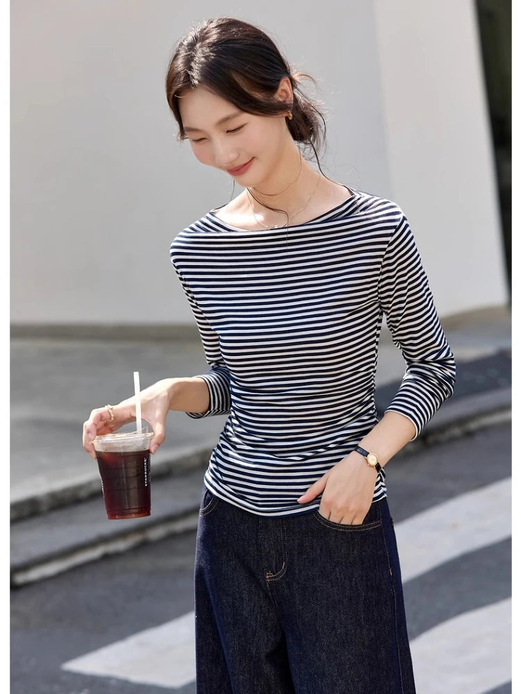 Striped Ruched-Waist Long-Sleeve Top
