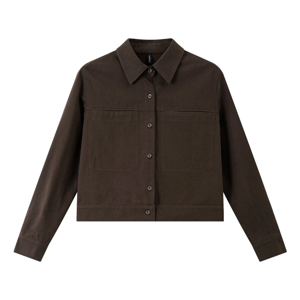 Button-Front Cropped Shirt Jacket