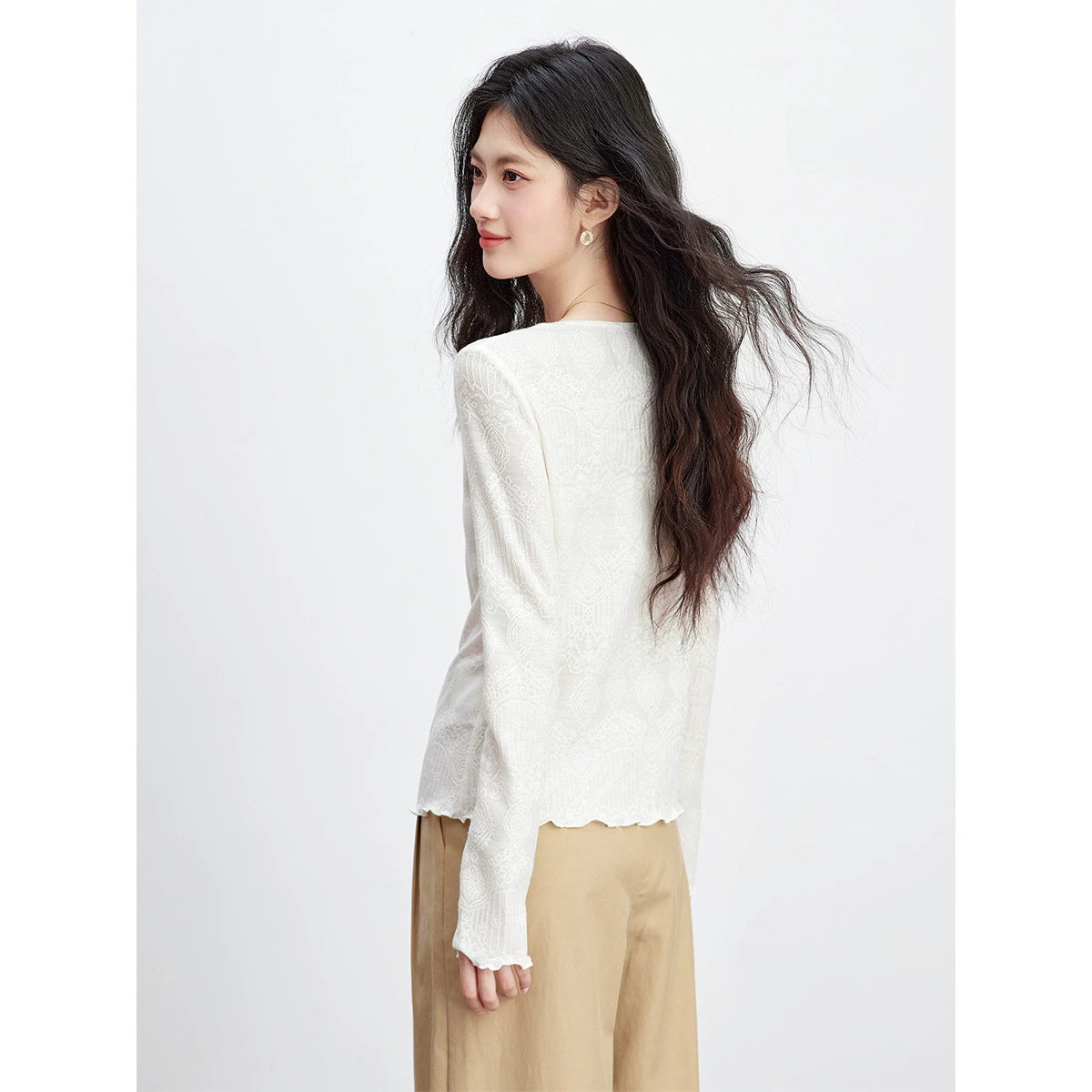 Lace-Trim Button-Front Knit Top