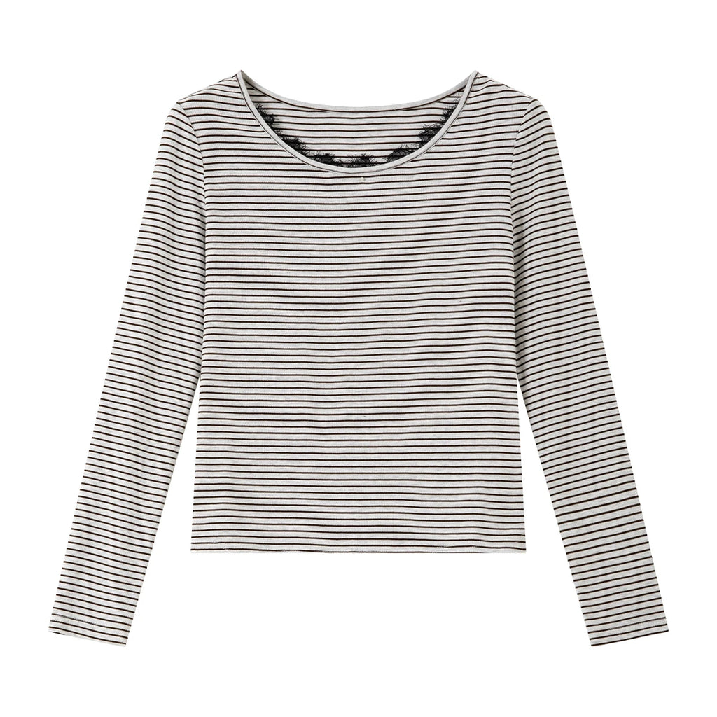 Striped Lace-Trim Long-Sleeve Tee
