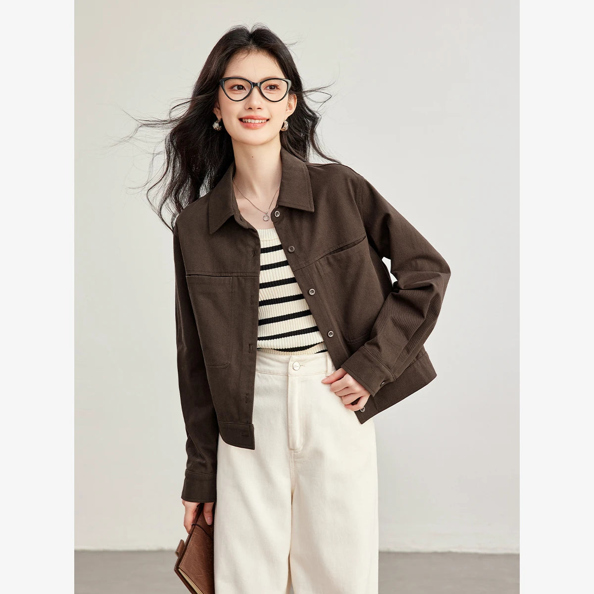 Button-Front Cropped Shirt Jacket