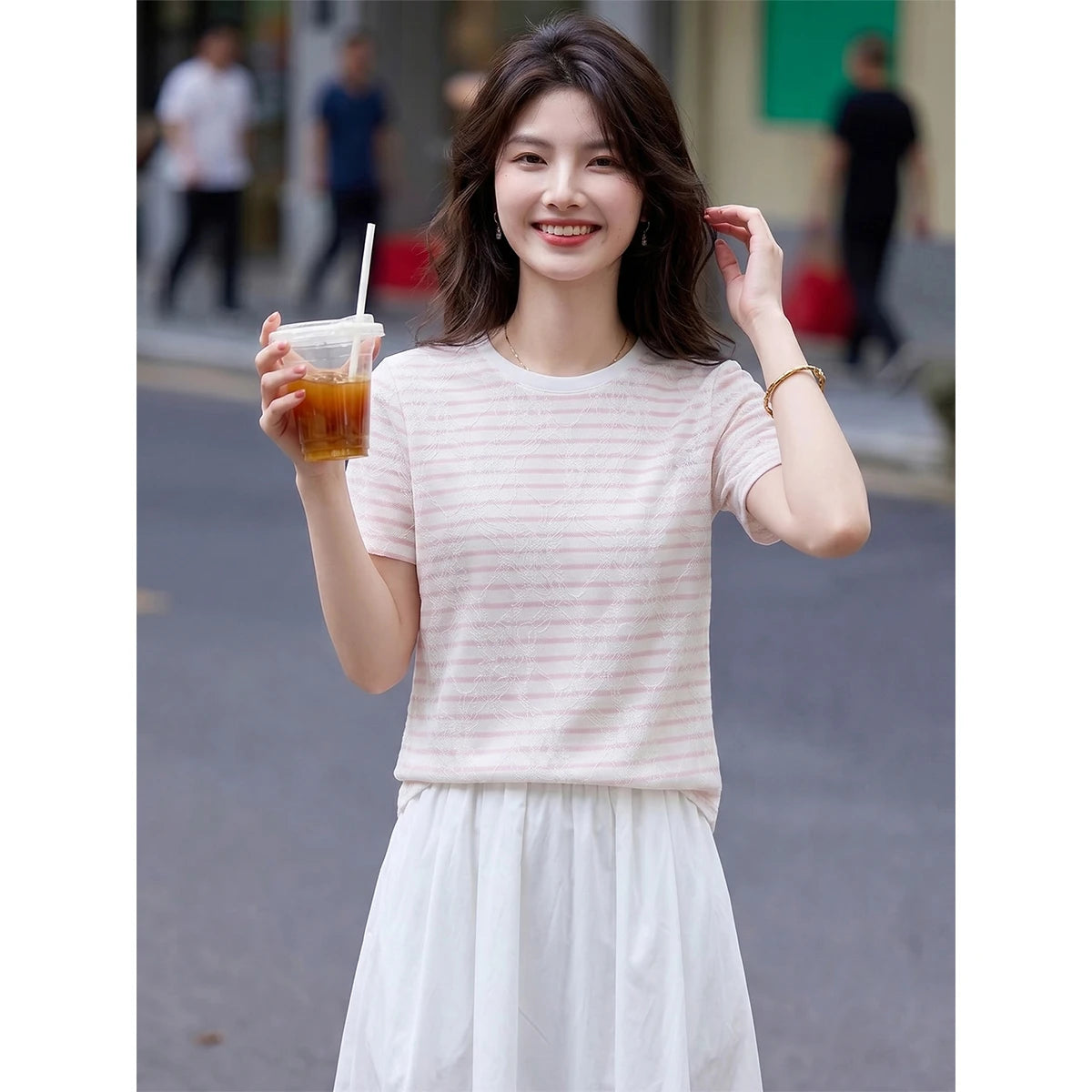 Lace-Stripe Crew-Neck Tee